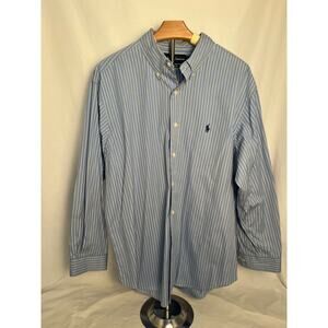Ralph Lauren Button Down Shirt Large 17.5 Neck 32-33 Sleeve Blue Stripe Classic